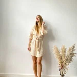 Handmade muslin kimono robe with wide sleeves, belted waist, short length and breathable double-gauze cotton