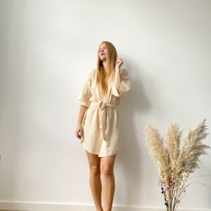 Handmade muslin kimono robe with wide sleeves, belted waist, short length and breathable double-gauze cotton