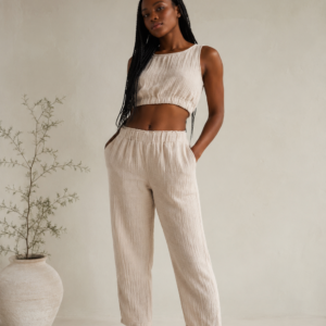 Organic Cotton Muslin Co-ord Set in Beige – front view