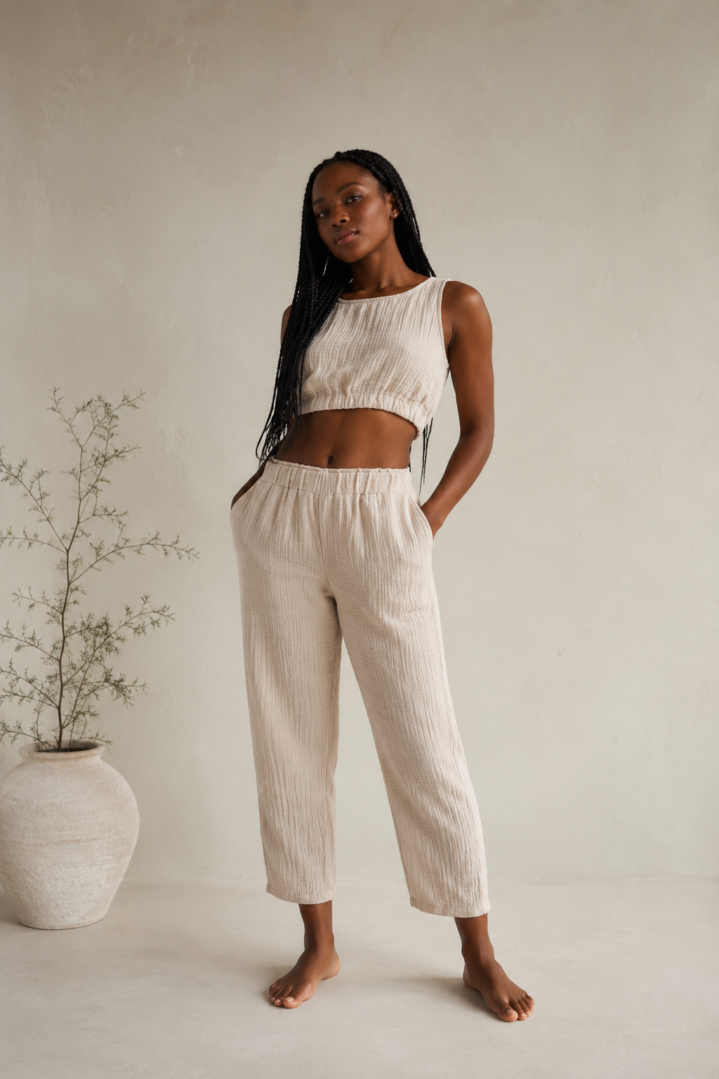 Organic Cotton Muslin Co-ord Set in Beige – front view