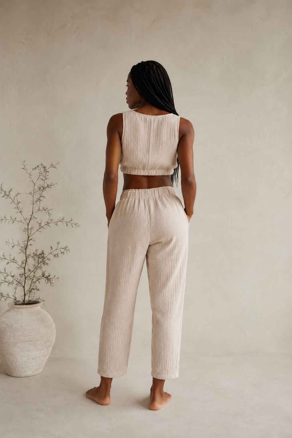 Organic Cotton Muslin Co-ord Set in Beige – back view