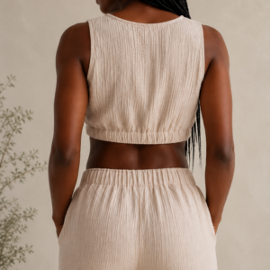 Organic Cotton Muslin Co-ord Set in Beige – back detail