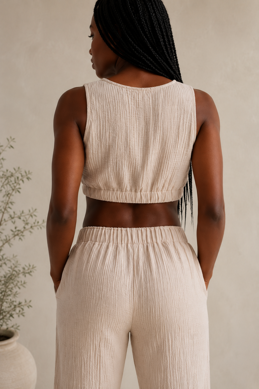 Organic Cotton Muslin Co-ord Set in Beige – back detail