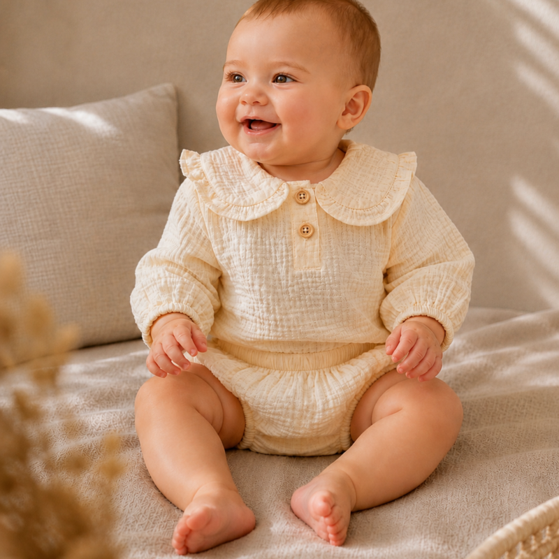 Petal Collar Organic Muslin Baby Set in Cream – front view