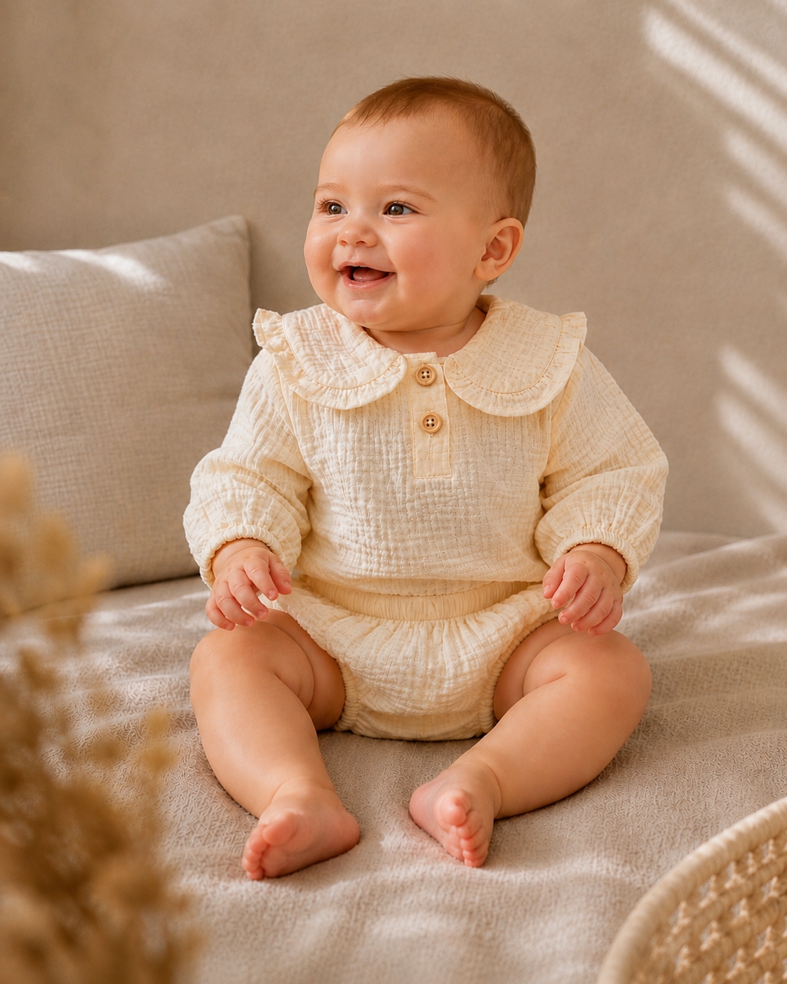 Petal Collar Organic Muslin Baby Set in Cream – front view