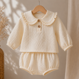 Petal Collar Organic Muslin Baby Set in Cream – hanging display