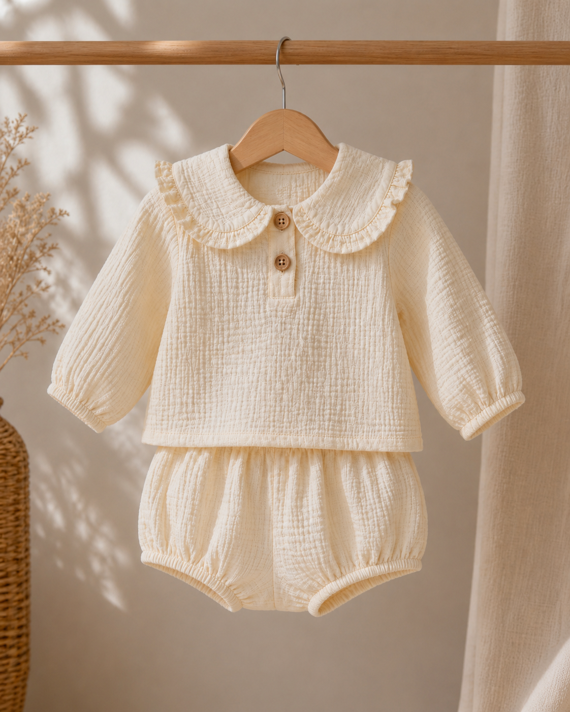 Petal Collar Organic Muslin Baby Set in Cream – hanging display
