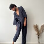Men’s lightweight muslin pyjama set with tie-waist top and relaxed pants, handmade from breathable cotton fabric.