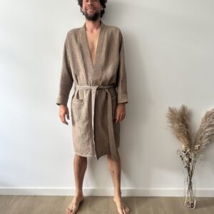 Men’s waffle cotton bathrobe with waist tie and deep pockets, breathable and perfect for lounging or spa use.