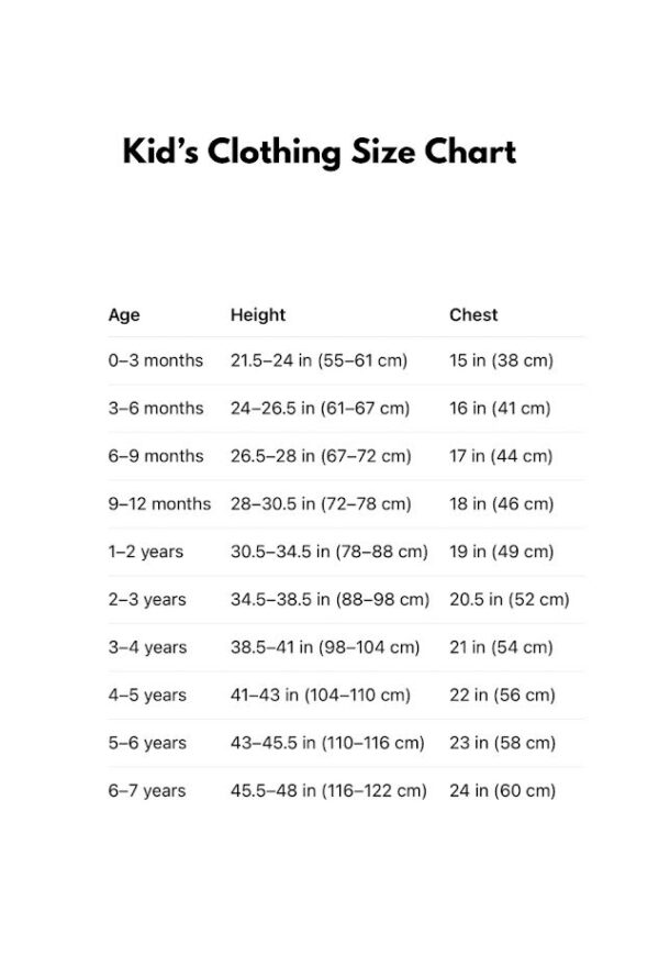 a chart of a child's clothing uk size