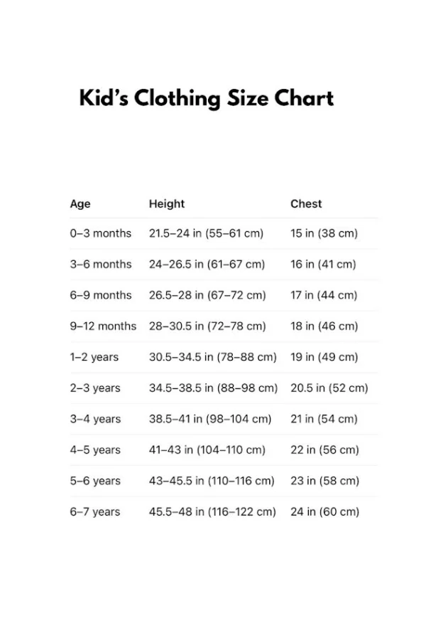 a chart of a child's clothing uk size