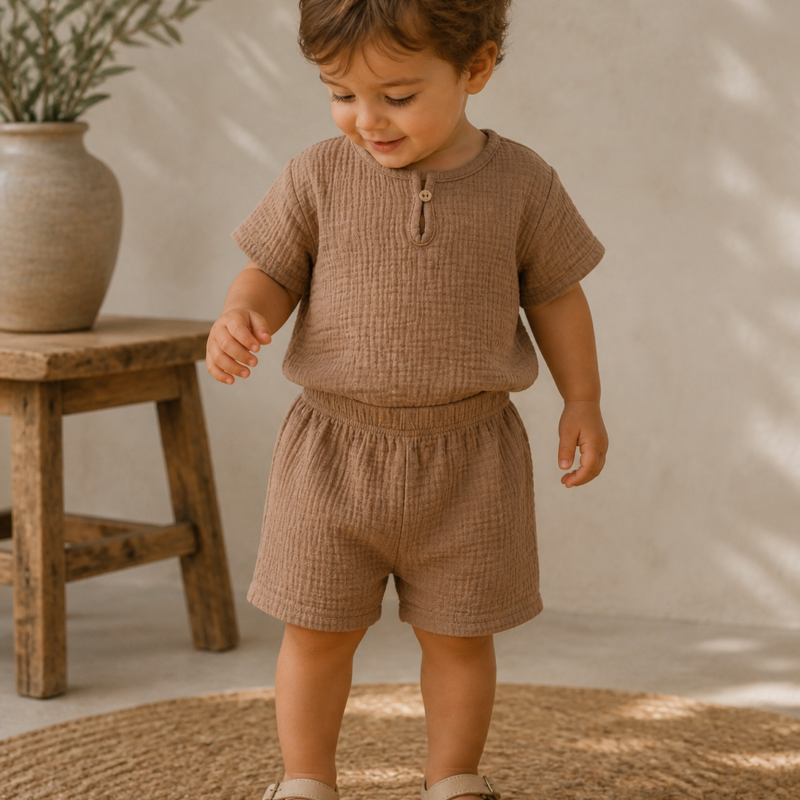 Organic Muslin Kids Set in Taupe – front view