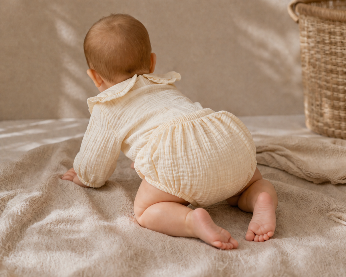 Petal Collar Organic Muslin Baby Set in Cream – back view