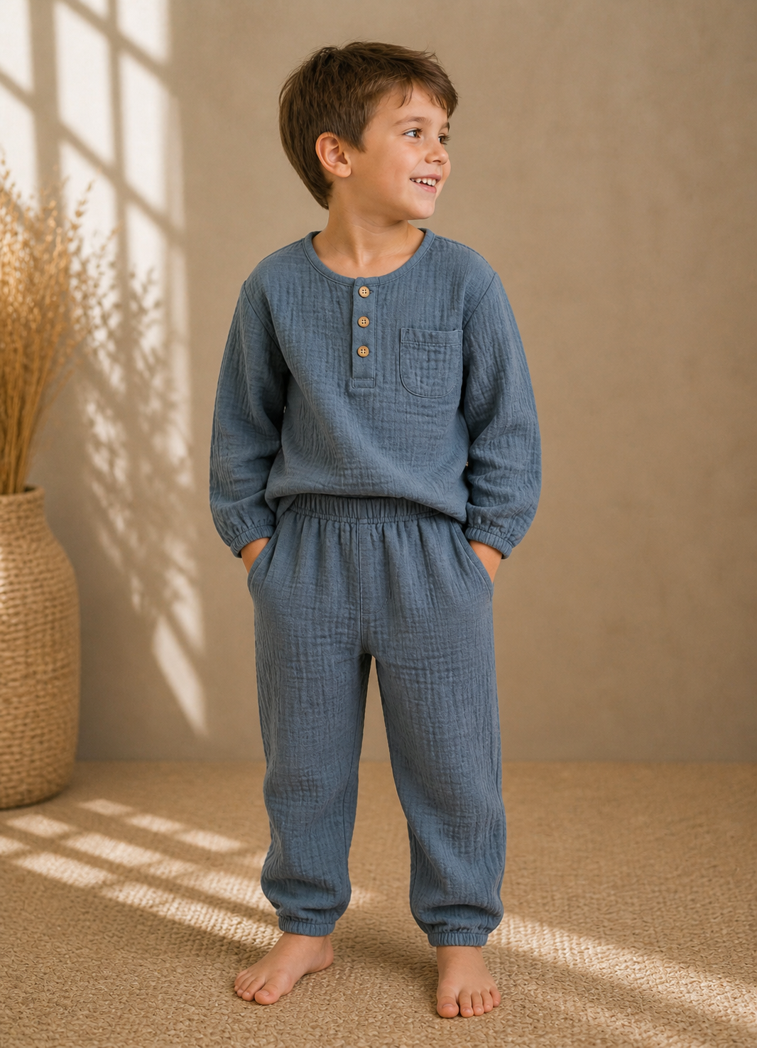 Boy wearing handmade organic cotton muslin long-sleeve top and matching trousers set