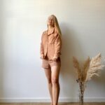 Two-piece women’s muslin loungewear set with long-sleeve button-up shirt and shorts, organic material and customizable