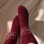 Unisex adult wool socks with white Nordic-style knit pattern, hand-knitted from natural wool