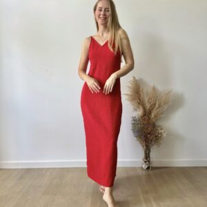 Red muslin slips midi dress with spaghetti straps, ethically handmade for summer and sustainable living