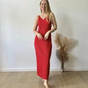 Red muslin slips midi dress with spaghetti straps, ethically handmade for summer and sustainable living