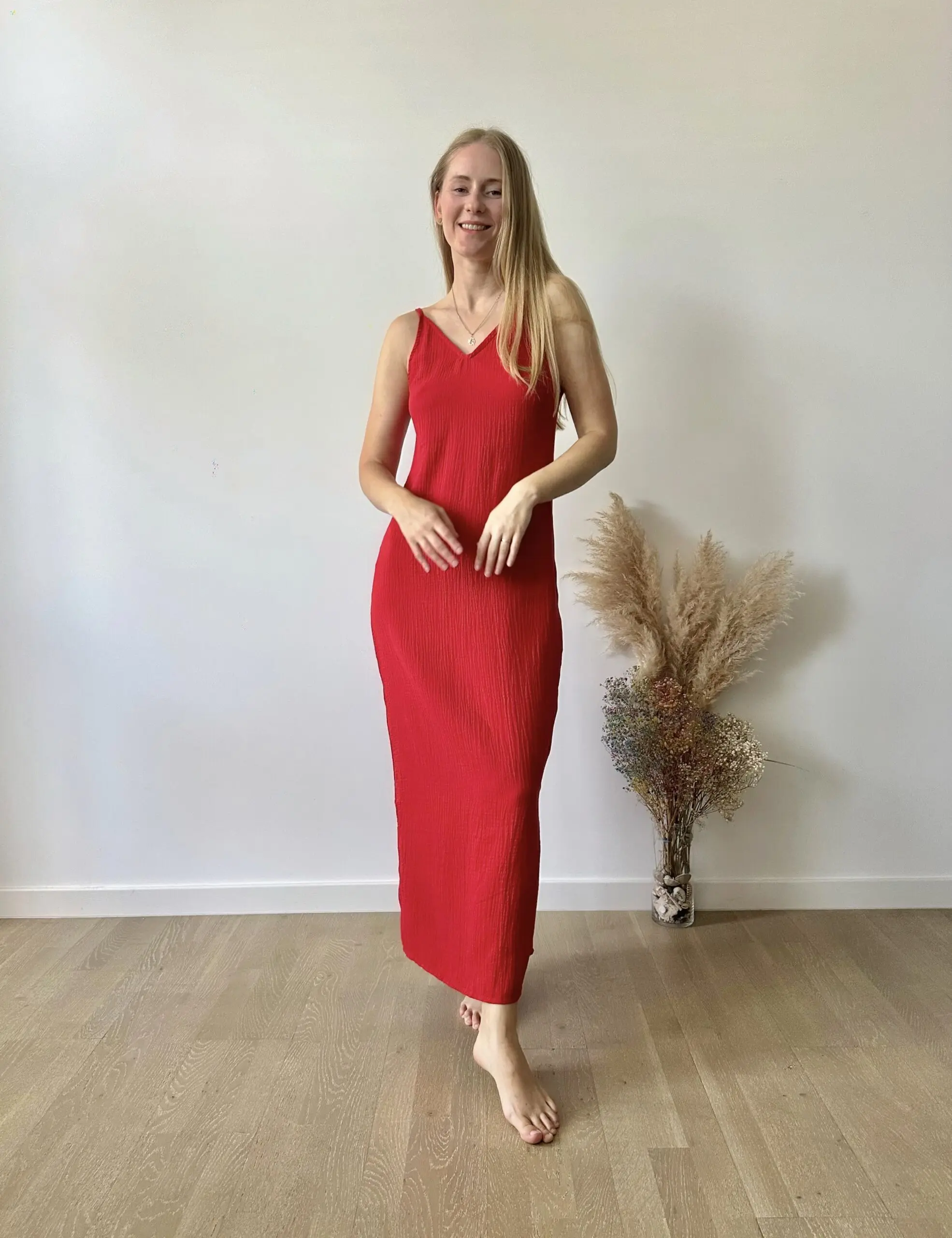 Red muslin slips midi dress with spaghetti straps, ethically handmade for summer and sustainable living