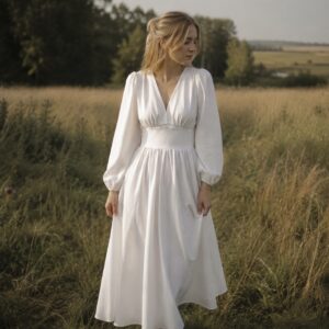 Linen Midi Dress with Long Sleeves - full length front view