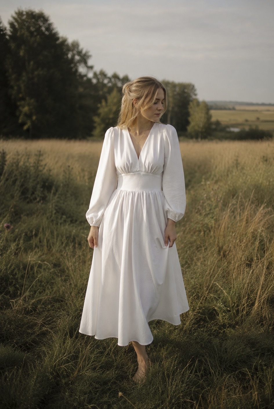 Linen Midi Dress with Long Sleeves - full length front view