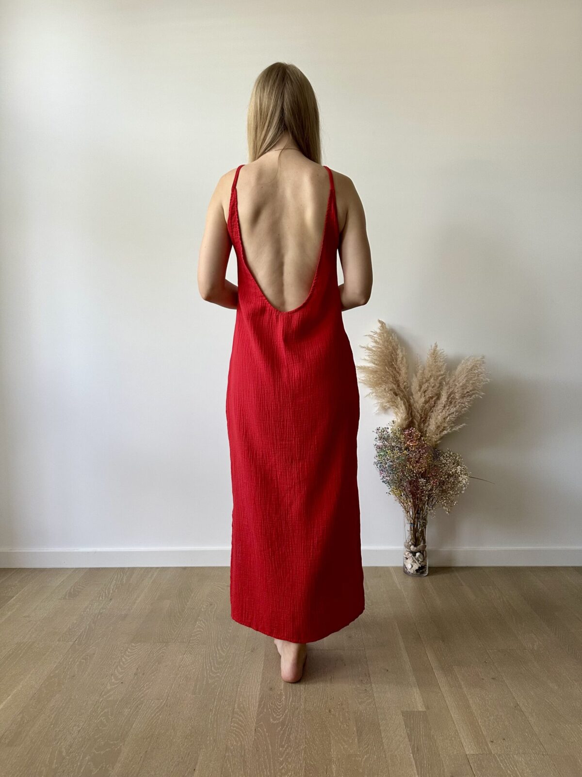Long muslin summer dress, naked back, handmade, sustainable