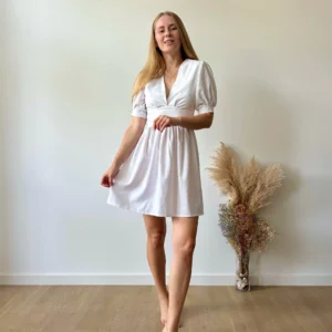Linen mini dress with puff sleeves, handmade, custom-made