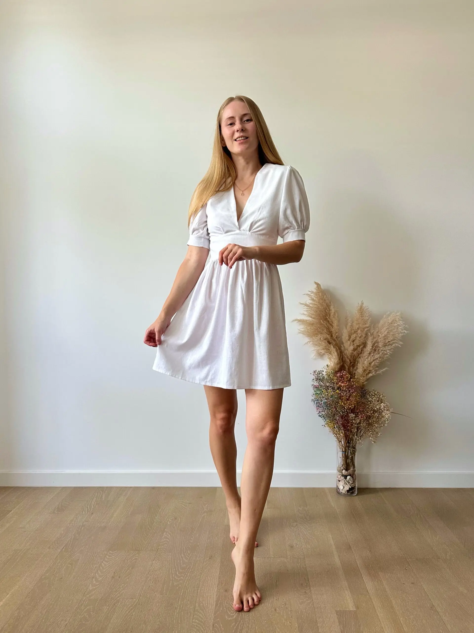 Linen mini dress with puff sleeves, handmade, custom-made