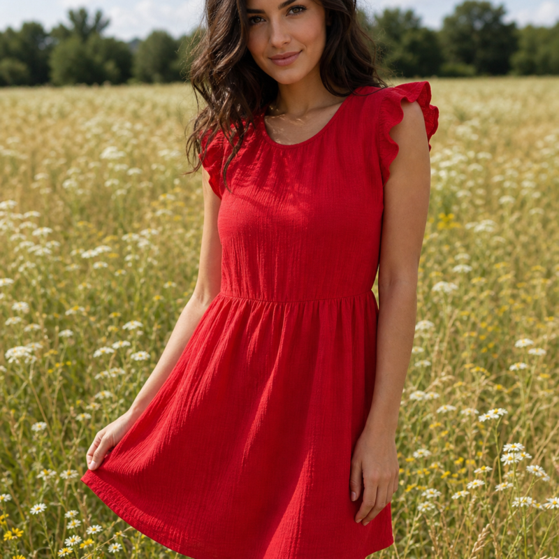 Muslin Mini Dress with Ruffle Sleeves