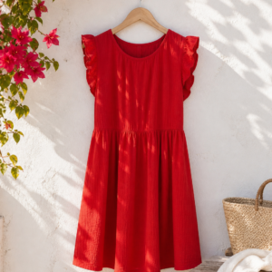 Mini muslin red summer dress hanging on the wall