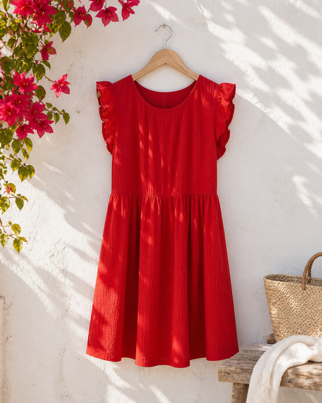 Mini muslin red summer dress hanging on the wall