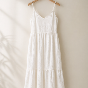 Handmade Muslin Midi Dress in Ivory – hanging display