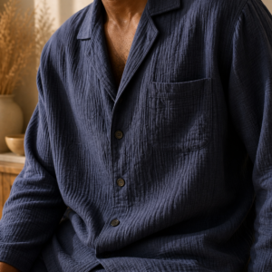 Men’s Muslin Pyjama Set in Navy Blue – shirt detail