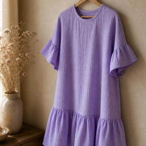 Handmade Muslin Mini Dress with Ruffle Hem in Lavender hanging on a hanger