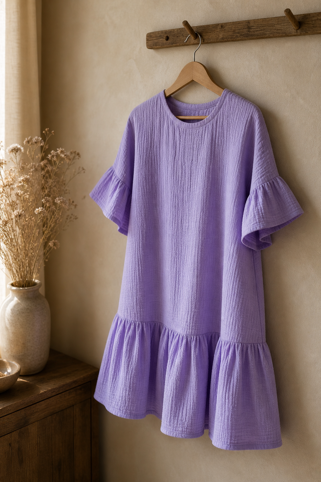 Handmade Muslin Mini Dress with Ruffle Hem in Lavender hanging on a hanger