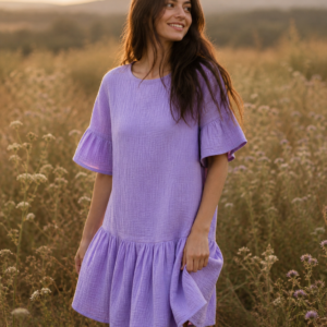 Handmade Muslin Mini Dress with Ruffle Hem in Lavender – front view