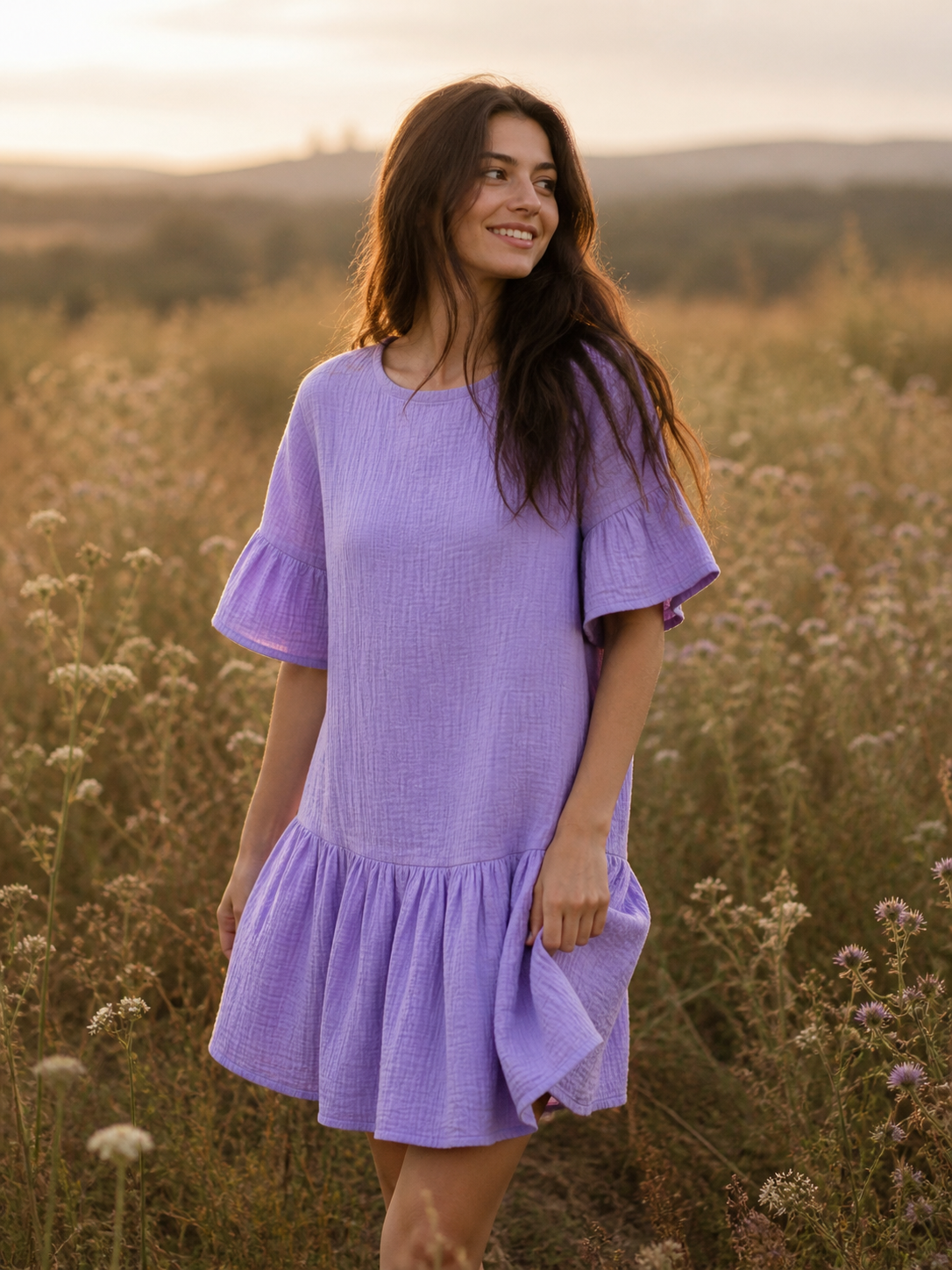 Handmade Muslin Mini Dress with Ruffle Hem in Lavender – front view