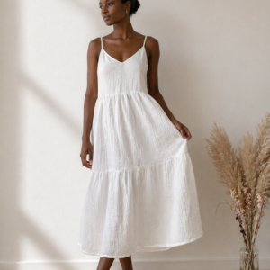 Handmade Muslin Midi Dress in Ivory – front view