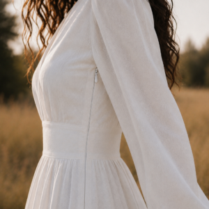 Hidden zipper on white linen midi dress