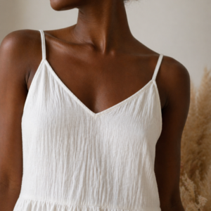 Handmade Muslin Midi Dress in Ivory – neckline detail