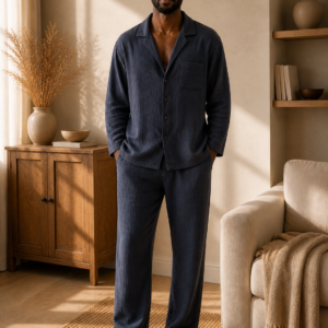 Men’s Muslin Pyjama Set in Navy Blue – front view