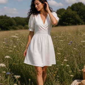 Linen Mini Dress with Puff Sleeves