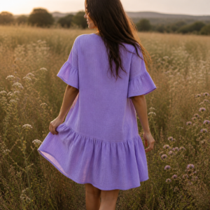 Handmade Muslin Mini Dress with Ruffle Hem in Lavender – back view