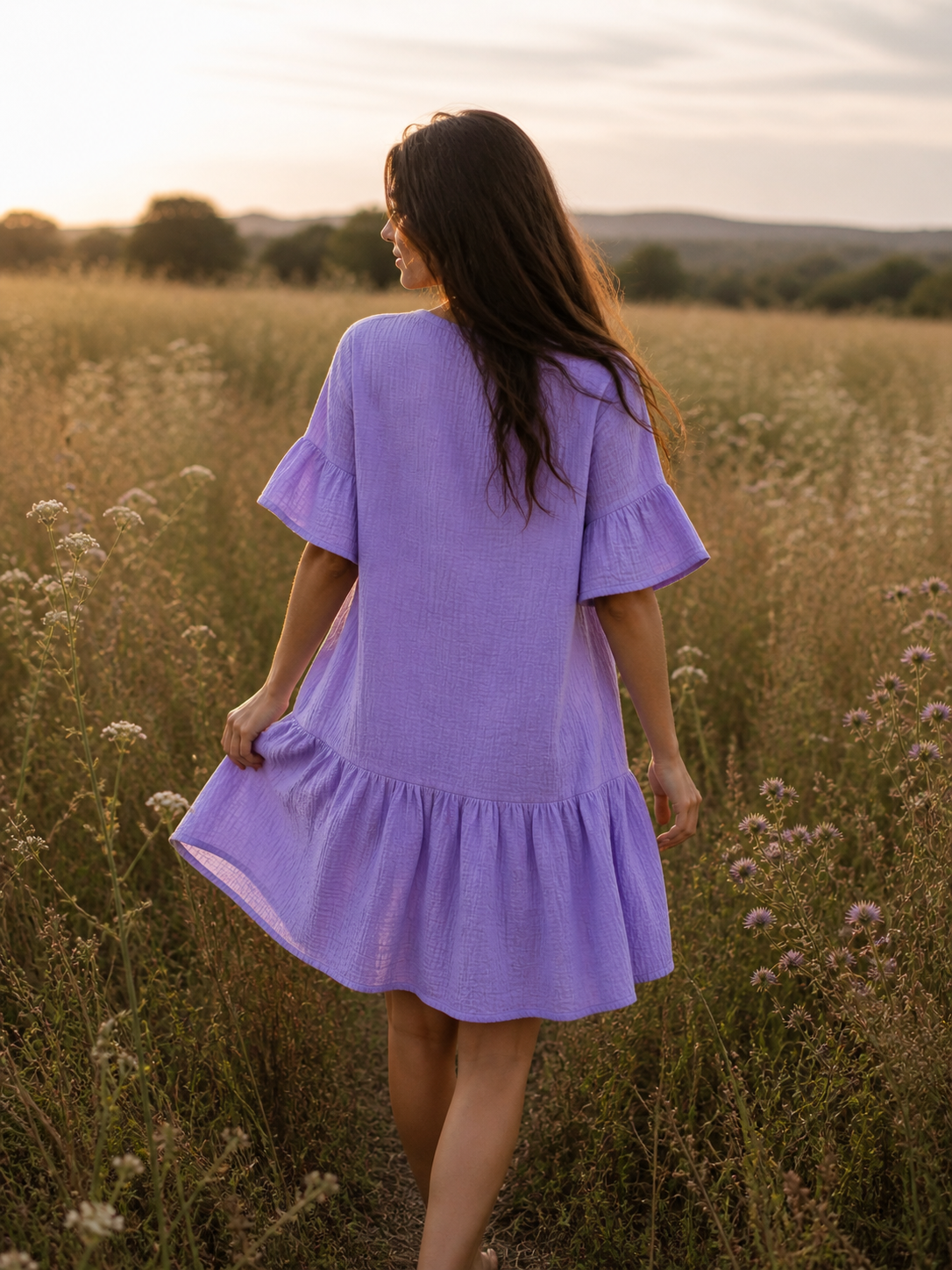 Handmade Muslin Mini Dress with Ruffle Hem in Lavender – back view