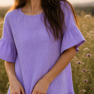 Handmade Muslin Mini Dress with Ruffle Hem in Lavender – neckline detail