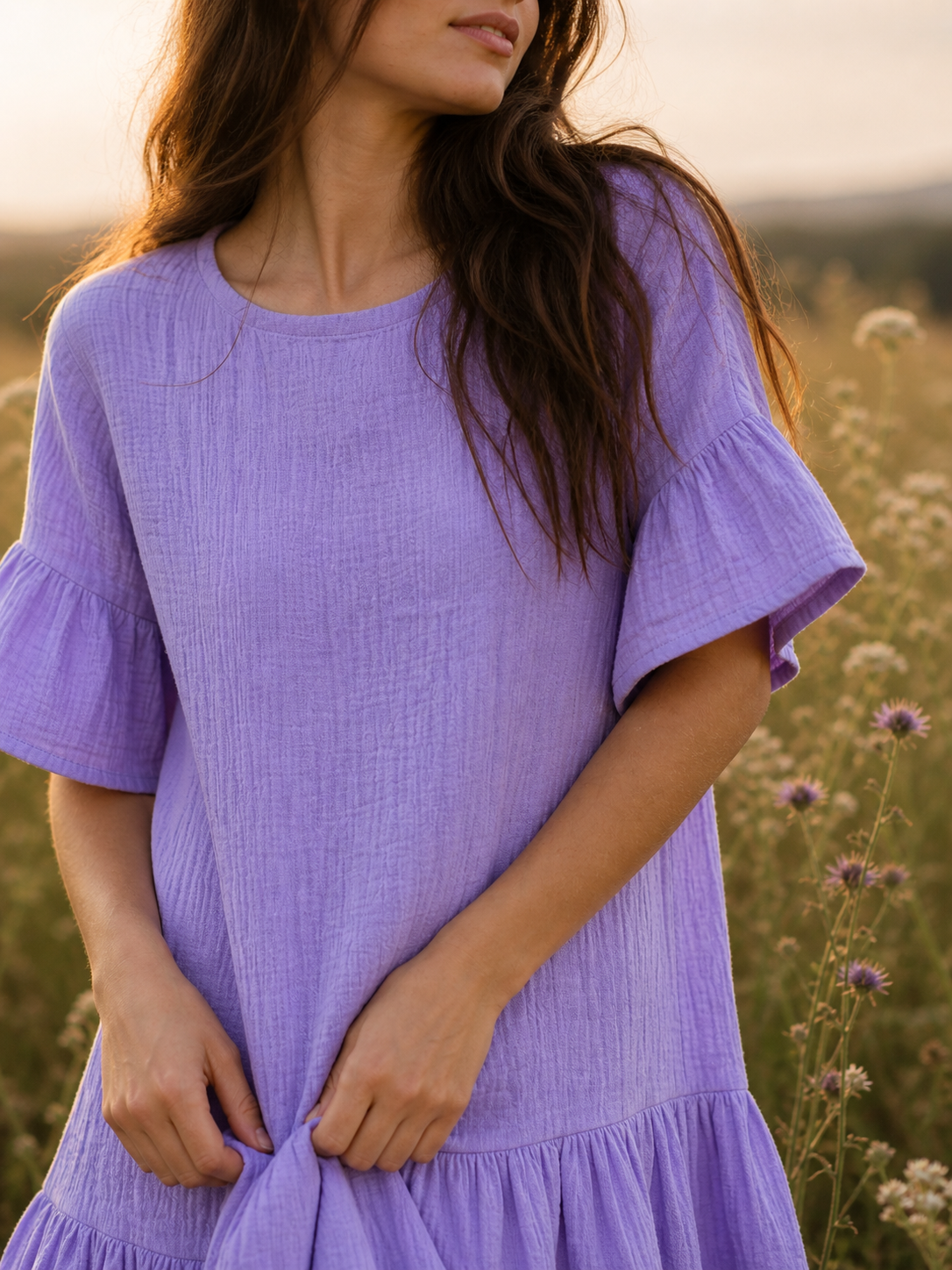 Handmade Muslin Mini Dress with Ruffle Hem in Lavender – neckline detail