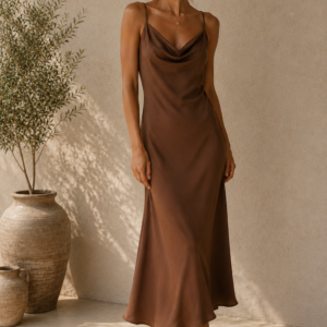 Silk Slip Midi Dress in Chocolate Brown – full length front view