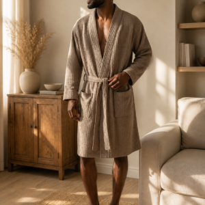 Man wearing handmade waffle cotton bathrobe in sand beige