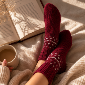 Cozy Nordic wool knit socks with a traditional Scandinavian pattern, perfect for keeping feet warm during colder seasons