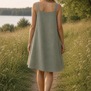 Woman wearing handmade organic cotton muslin pocket dress in sage green with adjustable tie straps